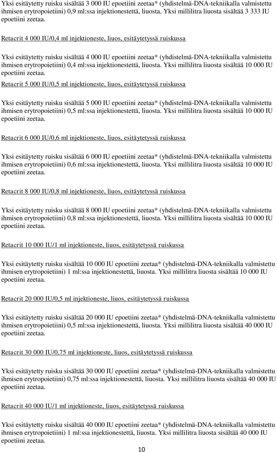 Retacrit 4 000 IU/0,4 ml injektioneste, liuos, esitäytetyssä ruiskussa Yksi esitäytetty ruisku sisältää 4 000 IU epoetiini zeetaa* (yhdistelmä-dna-tekniikalla valmistettu ihmisen erytropoietiini) 0,4