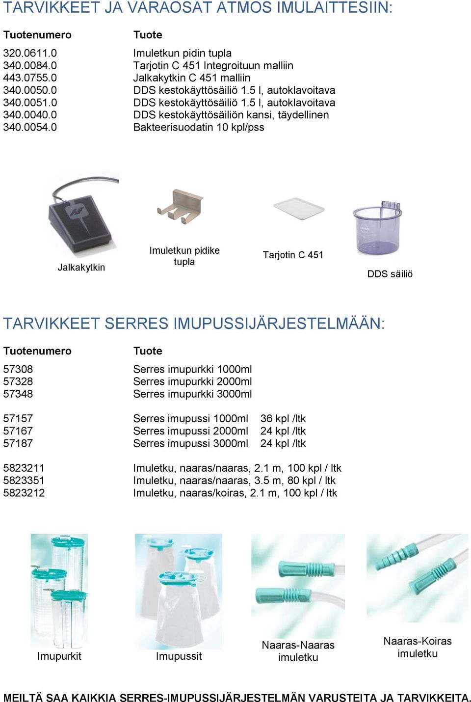 5 l, autoklavoitava DDS kestokäyttösäiliön kansi, täydellinen Bakteerisuodatin 10 kpl/pss Jalkakytkin Imuletkun pidike tupla Tarjotin C 451 DDS säiliö TARVIKKEET SERRES IMUPUSSIJÄRJESTELMÄÄN: 57308