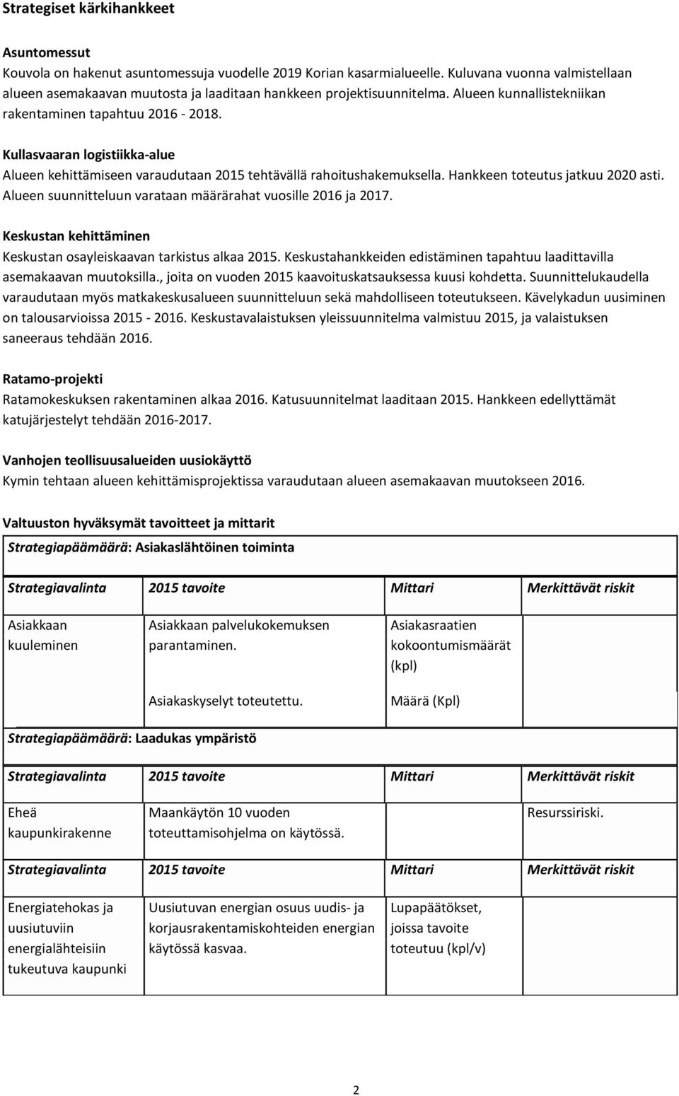 Kullasvaaran logistiikka-alue Alueen kehittämiseen varaudutaan 2015 tehtävällä rahoitushakemuksella. Hankkeen toteutus jatkuu 2020 asti. Alueen suunnitteluun varataan määrärahat vuosille 2016 ja 2017.