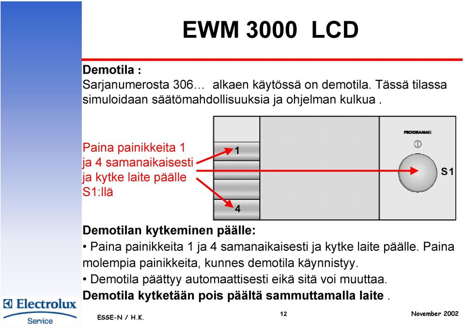 Paina painikkeita 1 ja 4 samanaikaisesti ja kytke laite päälle S1:llä Demotilan kytkeminen päälle: Paina