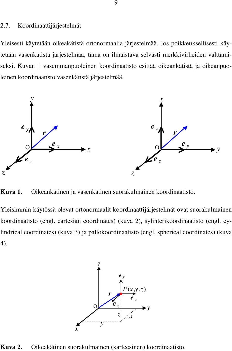 Kuvan 1 vasemmanpuoleinen koordinaatisto esittää oikeankätistä ja oikeanpuoleinen koordinaatisto vasenkätistä järjestelmää. y x e y r e x r O e x x O e y y e z e z z z Kuva 1.