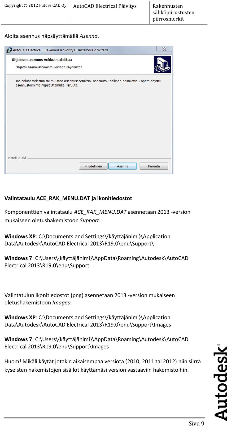 0\enu\Support\ Windows 7: C:\Users\{käyttäjänimi}\AppData\Roaming\Autodesk\AutoCAD Electrical 2013\R19.