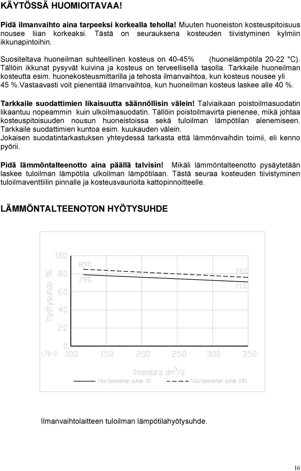 Tällöin ikkunat pysyvät kuivina ja kosteus on terveellisellä tasolla. Tarkkaile huoneilman kosteutta esim. huonekosteusmittarilla ja tehosta ilmanvaihtoa, kun kosteus nousee yli 45 %.