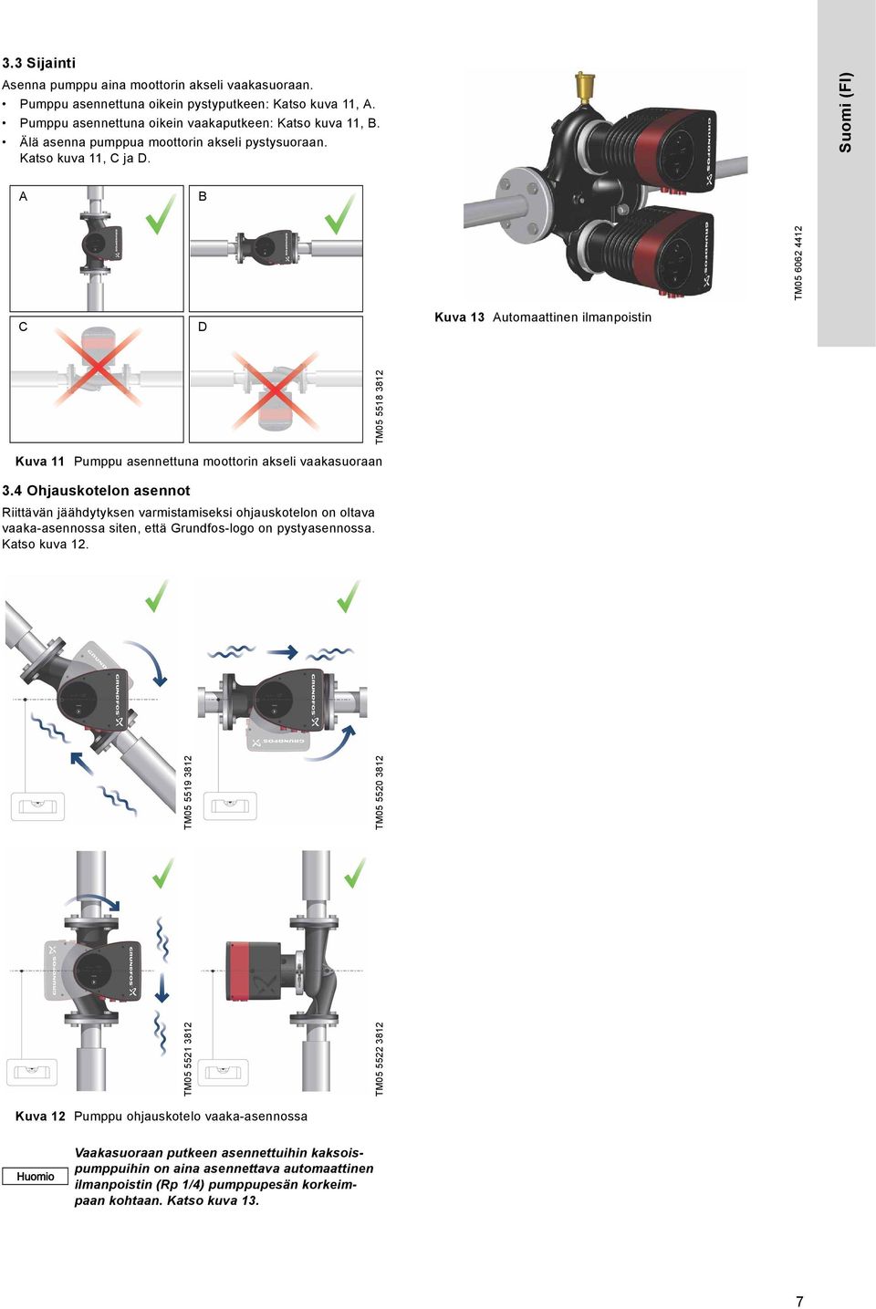 4 Ohjauskotelon asennot Riittävän jäähdytyksen varmistamiseksi ohjauskotelon on oltava vaaka-asennossa siten, että Grundfos-logo on pystyasennossa. Katso kuva 12.