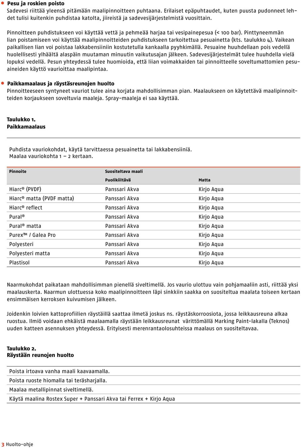 Pinnoitteen puhdistukseen voi käyttää vettä ja pehmeää harjaa tai vesipainepesua (< 100 bar).