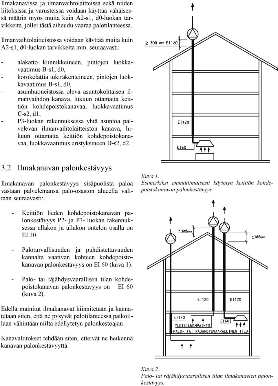 seuraavasti: - alakatto kiinnikkeineen, pintojen luokkavaatimus B-s1, d0, - korokelattia tukirakenteineen, pintojen luokkavaatimus B-s1, d0, - asuinhuoneistossa oleva asuntokohtaisen ilmanvaihdon