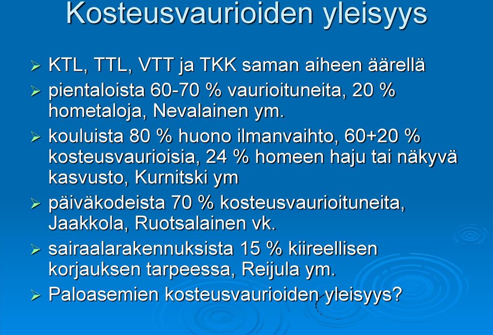 kouluista 80 % huono ilmanvaihto, 60+20 % kosteusvaurioisia, 24 % homeen haju tai näkyvä kasvusto,