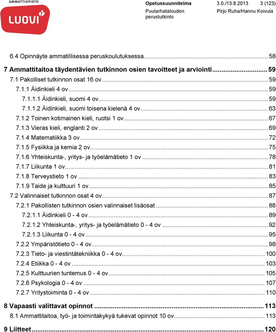 .. 67 7.1.3 Vieras kieli, englanti 2 ov... 69 7.1.4 Matematiikka 3 ov... 72 7.1.5 Fysiikka ja kemia 2 ov... 75 7.1.6 Yhteiskunta-, yritys- ja työelämätieto 1 ov... 78 7.1.7 Liikunta 1 ov... 81 7.1.8 Terveystieto 1 ov.