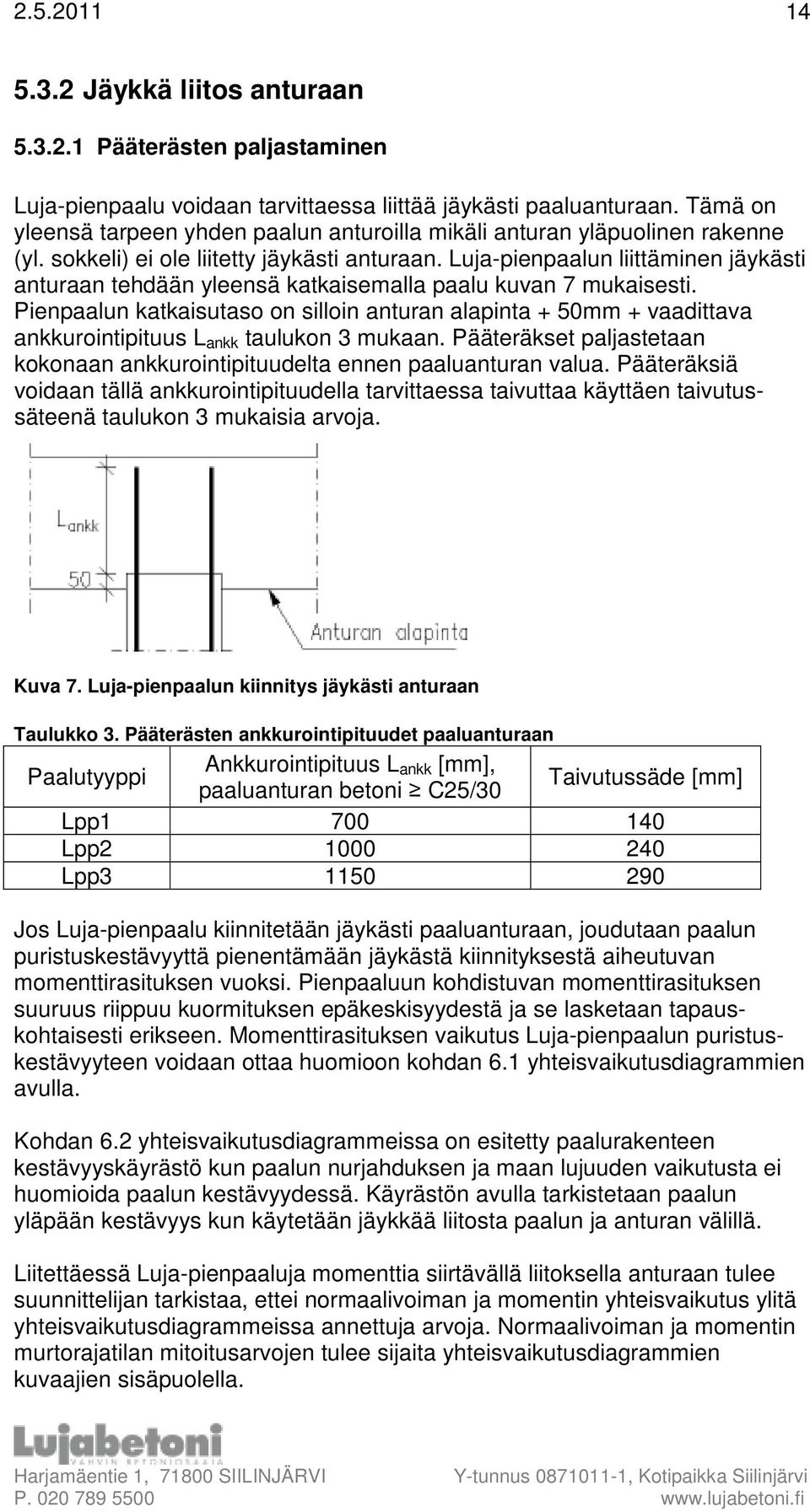 Luja-pienpaalun liittäminen jäykästi anturaan tehdään yleensä katkaisemalla paalu kuvan 7 mukaisesti.