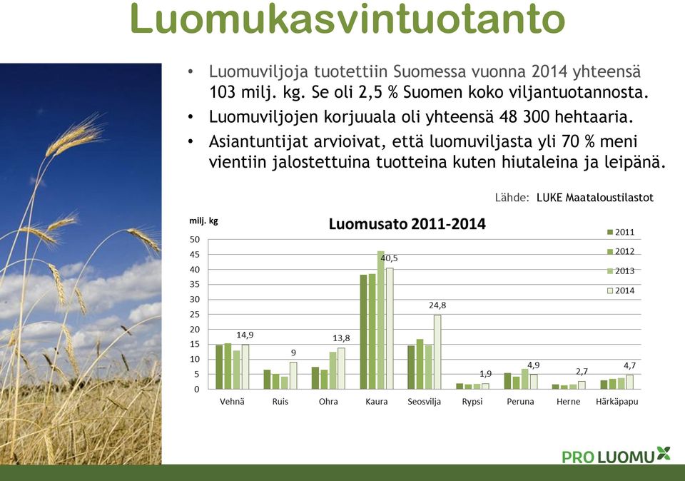 Luomuviljojen korjuuala oli yhteensä 48 300 hehtaaria.