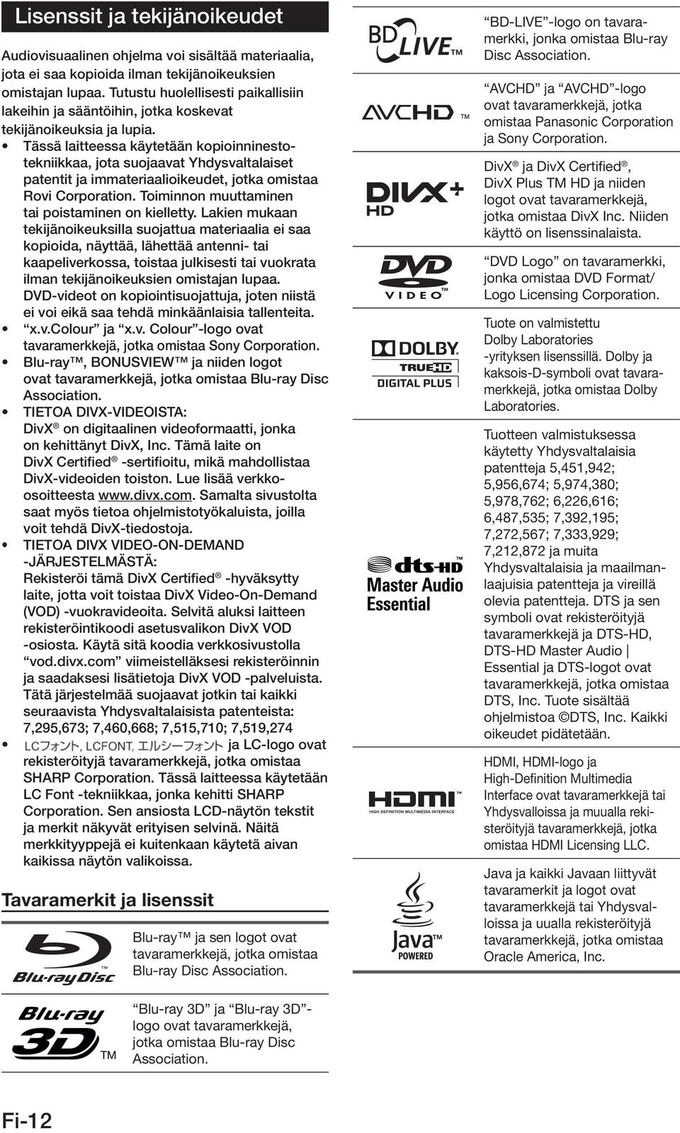 Tässä laitteessa käytetään kopioinninestotekniikkaa, jota suojaavat Yhdysvaltalaiset patentit ja immateriaalioikeudet, jotka omistaa Rovi Corporation.