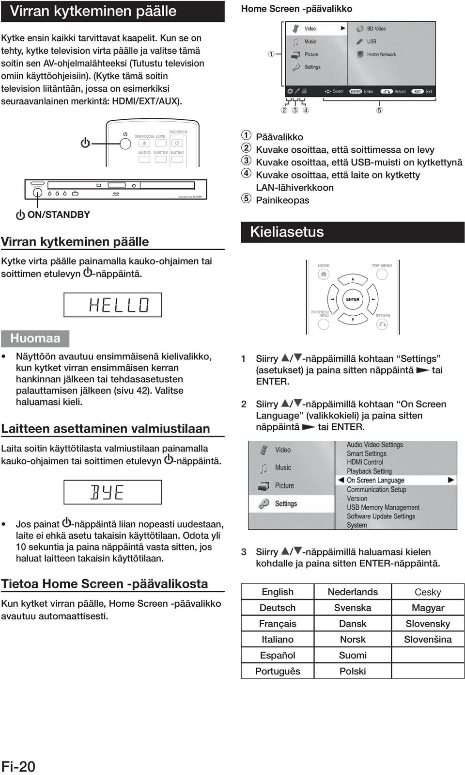 (Kytke tämä soitin television liitäntään, jossa on esimerkiksi seuraavanlainen merkintä: HDMI/EXT/AUX).