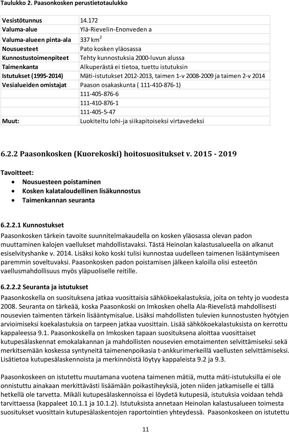 tietoa, tuettu istutuksin Istutukset (1995-2014) Mäti-istutukset 2012-2013, taimen 1-v 2008-2009 ja taimen 2-v 2014 Vesialueiden omistajat Paason osakaskunta ( 111-410-876-1) 111-405-876-6