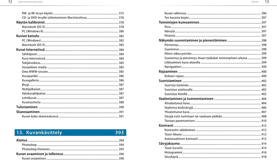 .. 386 Kuvagalleria... 386 Blogi... 387 Nettijulkaisut... 387 Valokuvakilpailut... 387 Lehtikuvat... 387 Kuvatuotteita... 388 Tulostaminen...390 Skannaaminen...391 Kuvan koko skannauksessa... 391 13.