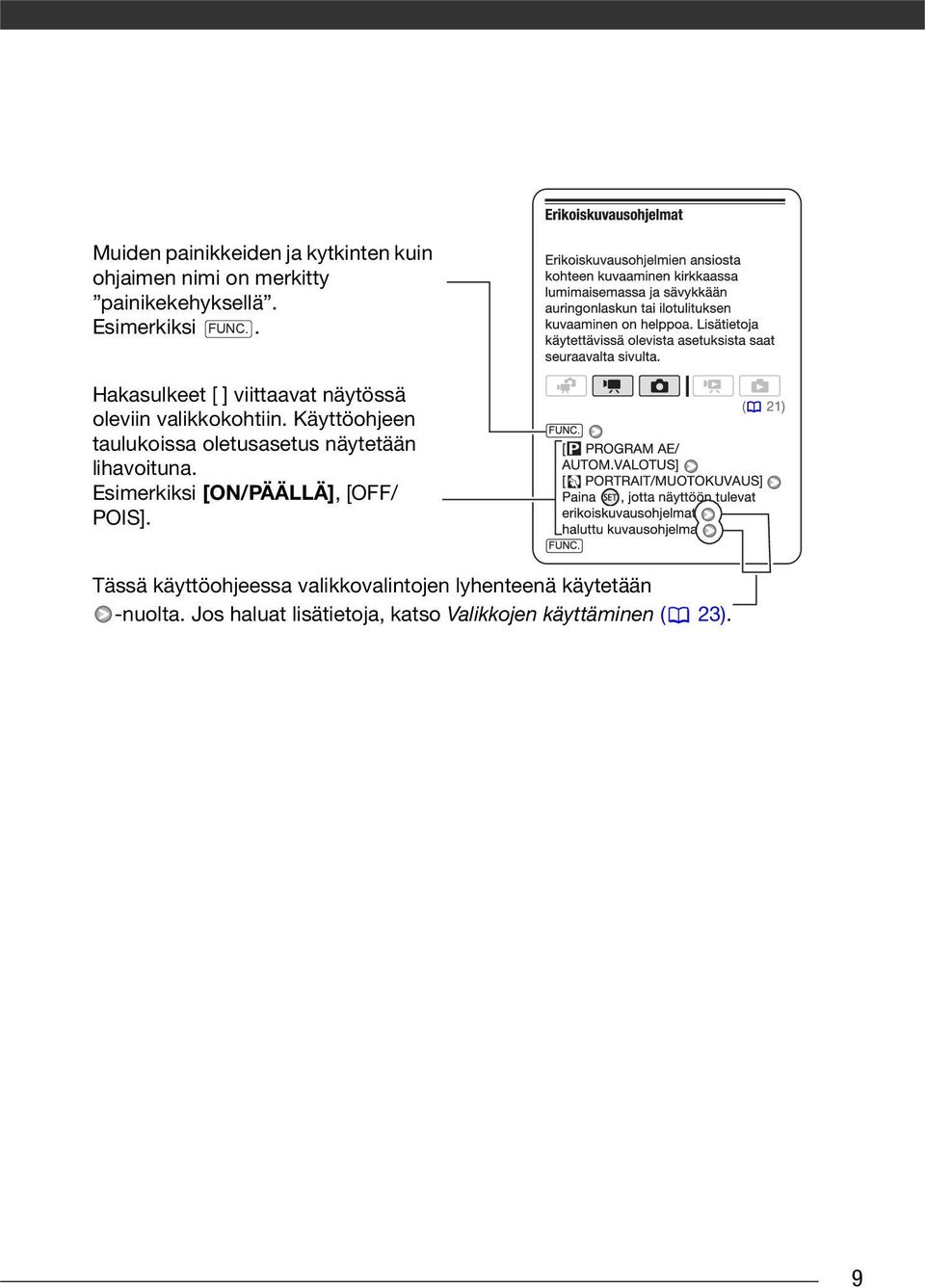 Käyttöohjeen taulukoissa oletusasetus näytetään lihavoituna. Esimerkiksi [ON/PÄÄLLÄ], [OFF/ POIS].