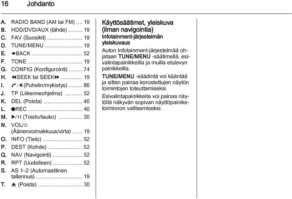 NAV (Navigointi)...52 R. RPT (Uudelleen)...52 S. AS 1 2 (Automaattinen tallennus)...19 T. R (Poista).