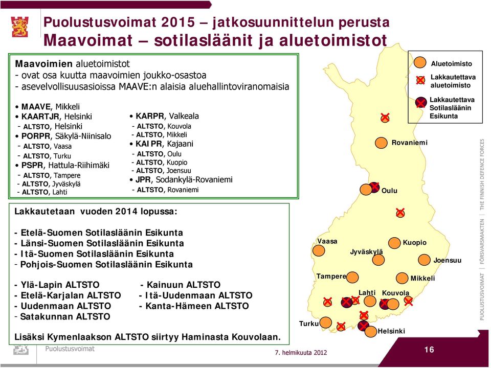 ALTSTO, Lahti KARPR, Valkeala - ALTSTO, Kouvola - ALTSTO, Mikkeli KAIPR, Kajaani - ALTSTO, Oulu - ALTSTO, Kuopio - ALTSTO, Joensuu JPR, Sodankylä-Rovaniemi - ALTSTO, Rovaniemi Oulu Rovaniemi