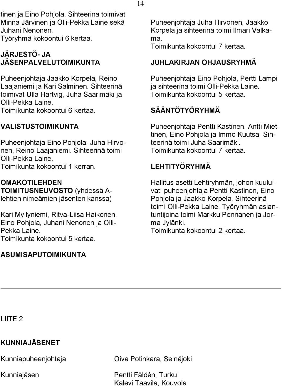 Toimikunta kokoontui 6 kertaa. VALISTUSTOIMIKUNTA Puheenjohtaja Eino Pohjola, Juha Hirvonen, Reino Laajaniemi. Sihteerinä toimi Olli-Pekka Laine. Toimikunta kokoontui 1 kerran.