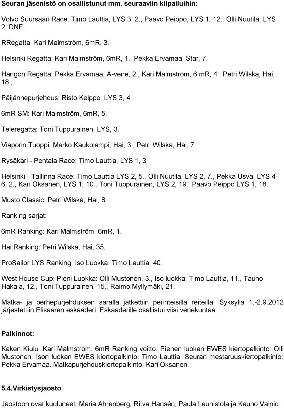 , Päijännepurjehdus: Risto Kelppe, LYS 3, 4. 6mR SM: Kari Malmström, 6mR, 5. Teleregatta: Toni Tuppurainen, LYS, 3. Viaporin Tuoppi: Marko Kaukolampi, Hai, 3., Petri Wilska, Hai, 7.