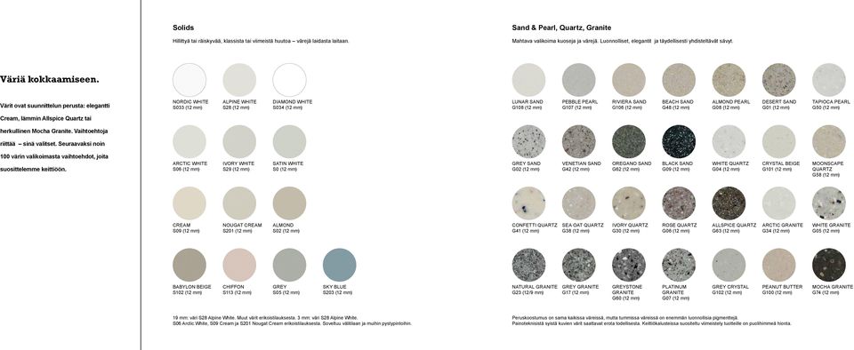 Värit ovat suunnittelun perusta: elegantti Nordic White S033 (12 mm) Alpine White S28 (12 mm) Diamond White S034 (12 mm) Lunar Sand G108 (12 mm) Pebble Pearl G107 (12 mm) Riviera Sand G106 (12 mm)