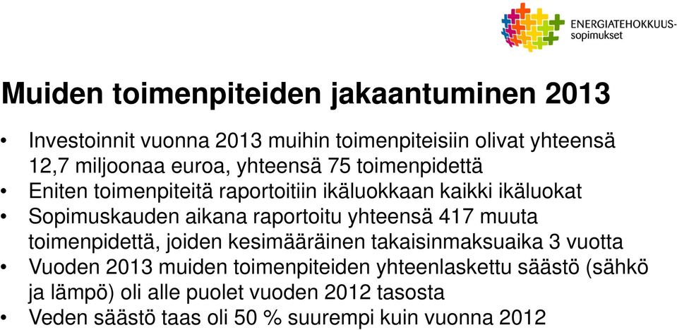 raportoitu yhteensä 417 muuta toimenpidettä, joiden kesimääräinen takaisinmaksuaika 3 vuotta Vuoden 2013 muiden