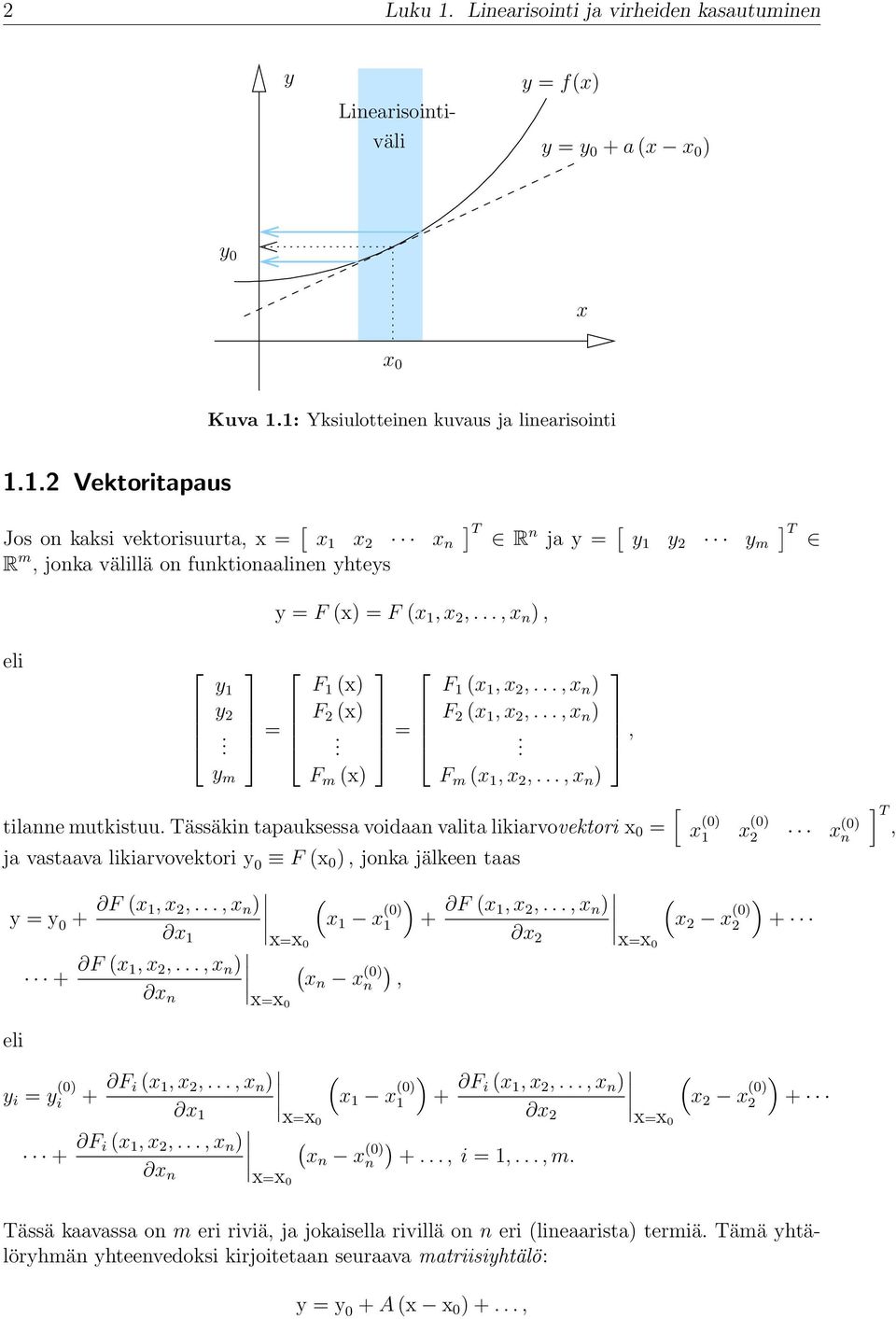 2,, x n ) F 2 (x 1, x 2,, x n ) F m (x 1, x 2,, x n ) [ tilanne mutkistuu Tässäkin tapauksessa voidaan valita likiarvovektori x 0 = ja vastaava likiarvovektori y 0 F (x 0 ), jonka jälkeen taas y = y