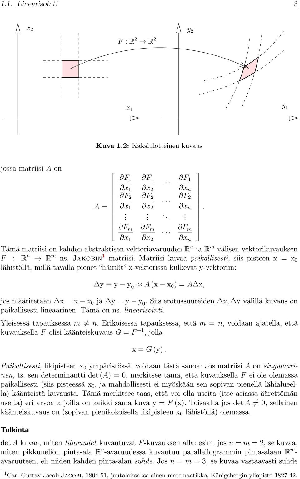 x-vektorissa kulkevat y-vektoriin: y y y 0 A (x x 0 ) = A x, jos määritetään x = x x 0 ja y = y y 0 Siis erotussuureiden x, y välillä kuvaus on paikallisesti lineaarinen Tämä on ns linearisointi