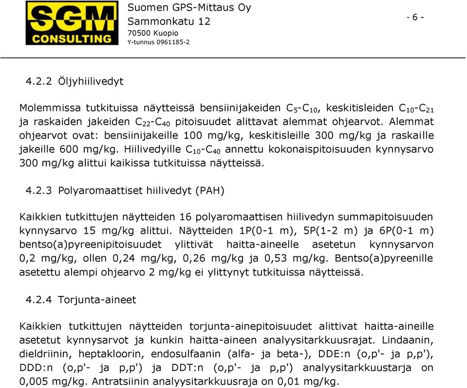 Hiilivedyille C 10 -C 40 annettu kokonaispitoisuuden kynnysarvo 300 mg/kg alittui kaikissa tutkituissa näytteissä. 4.2.