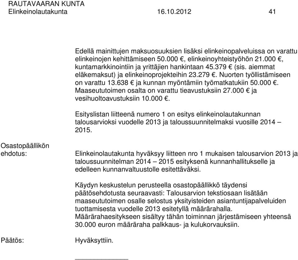 000. Maaseututoimen osalta on varattu tieavustuksiin 27.000 ja vesihuoltoavustuksiin 10.000. Esityslistan liitteenä numero 1 on esitys elinkeinolautakunnan talousarvioksi vuodelle 2013 ja taloussuunnitelmaksi vuosille 2014 2015.