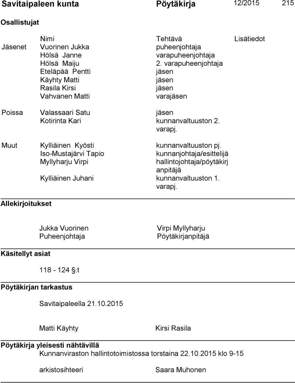 Muut Kylliäinen Kyösti kunnanvaltuuston pj. Iso-Mustajärvi Tapio kunnanjohtaja/esittelijä Myllyharju Virpi hallintojohtaja/pöytäkirj anpitäjä Kylliäinen Juhani kunnanvaltuuston 1. varapj.