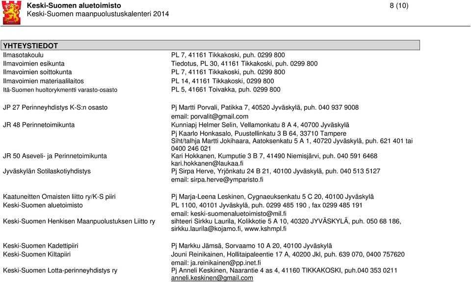 0299 800 Ilmavoimien materiaalilaitos PL 14, 41161 Tikkakoski, 0299 800 Itä-Suomen huoltorykmentti varasto-osasto PL 5, 41661 Toivakka, puh.