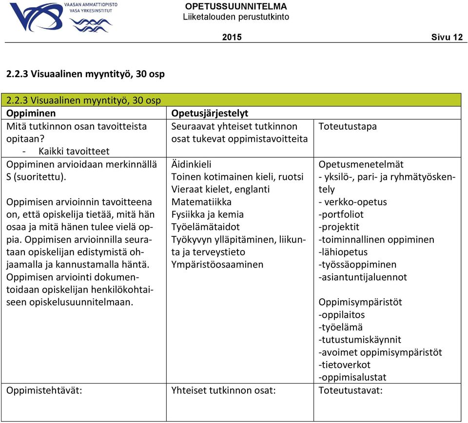 terveystieto Ympäristöosaaminen - yksilö-, pari- ja ryhmätyöskentely - verkko-opetus -portfoliot -projektit -toiminnallinen oppiminen