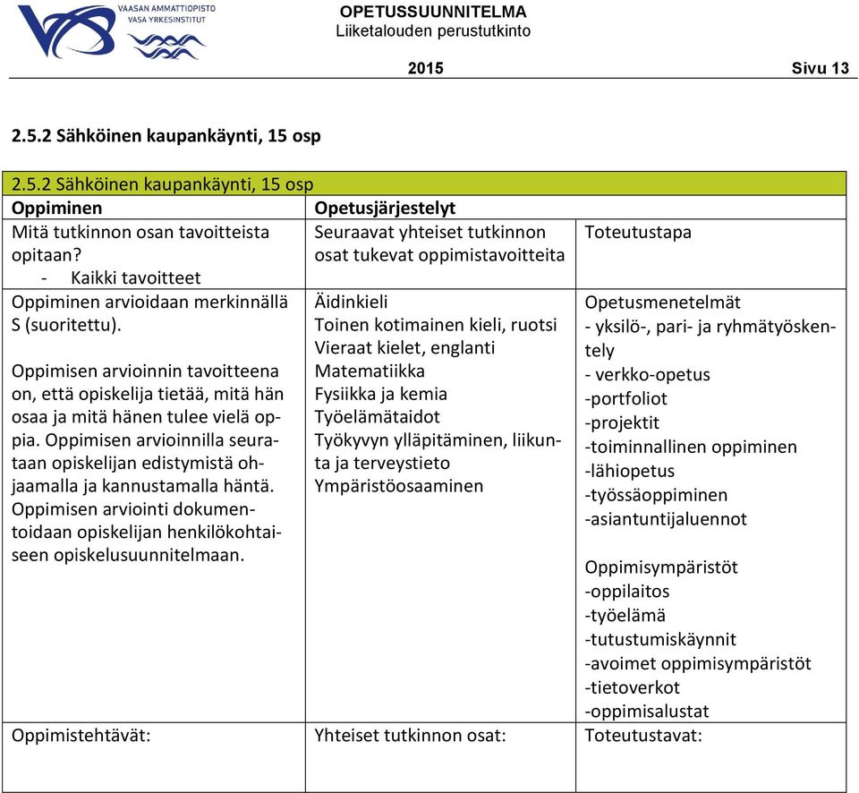 liikunta ja terveystieto Ympäristöosaaminen - yksilö-, pari- ja ryhmätyöskentely - verkko-opetus -portfoliot -projektit -toiminnallinen