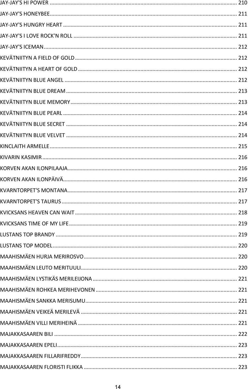 .. 214 KEVÄTNIITYN BLUE VELVET... 214 KINCLAITH ARMELLE... 215 KIVARIN KASIMIR... 216 KORVEN AKAN ILONPILAAJA... 216 KORVEN AKAN ILONPÄIVÄ... 216 KVARNTORPET'S MONTANA... 217 KVARNTORPET'S TAURUS.