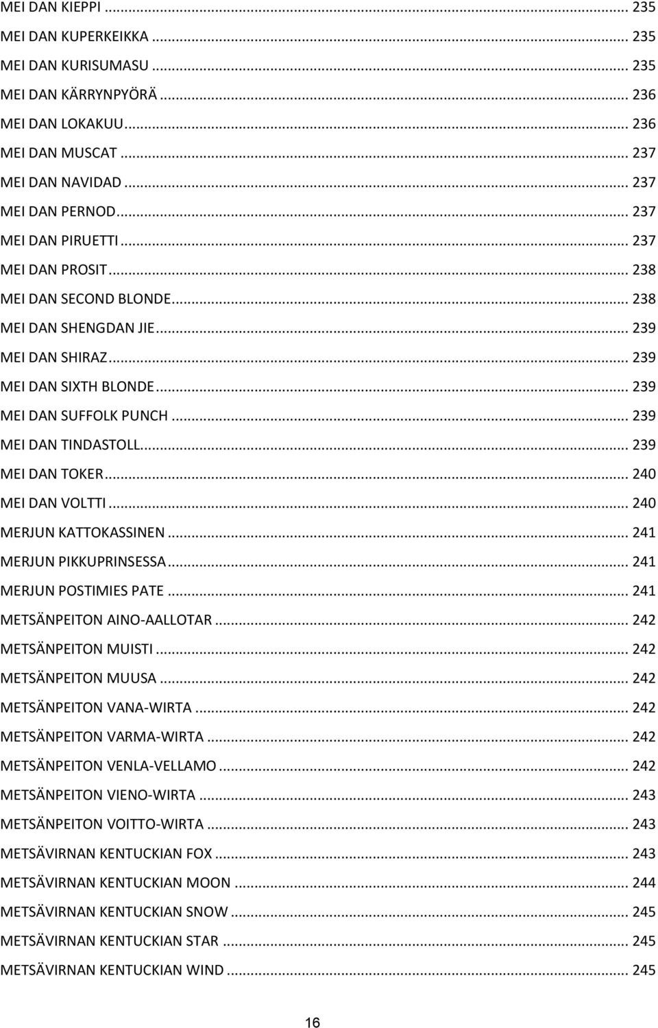 .. 239 MEI DAN TINDASTOLL... 239 MEI DAN TOKER... 240 MEI DAN VOLTTI... 240 MERJUN KATTOKASSINEN... 241 MERJUN PIKKUPRINSESSA... 241 MERJUN POSTIMIES PATE... 241 METSÄNPEITON AINO-AALLOTAR.