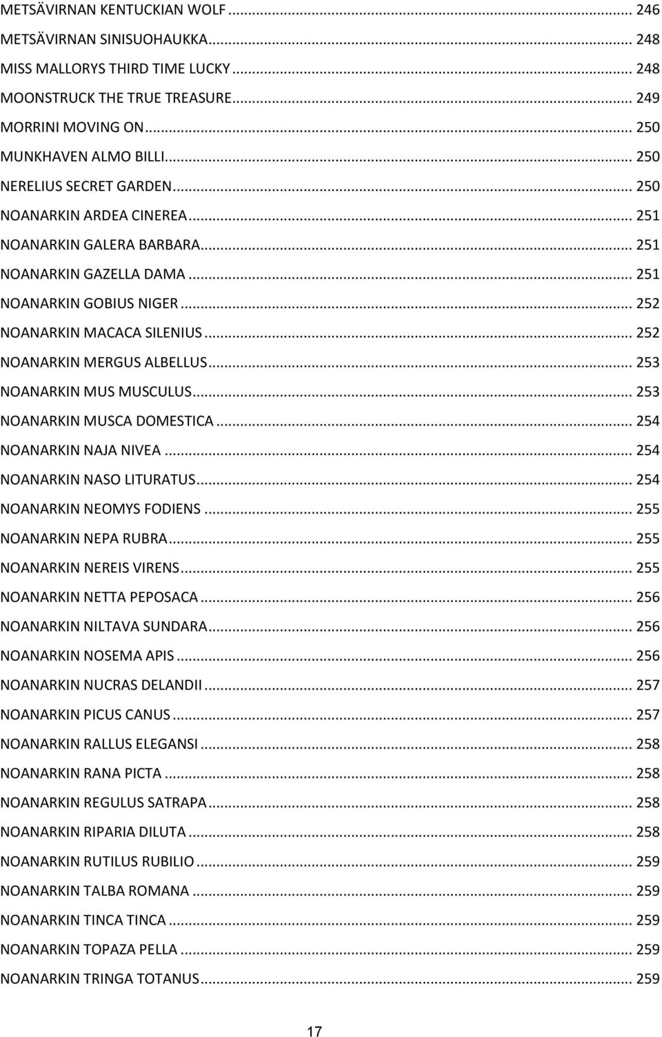 .. 252 NOANARKIN MERGUS ALBELLUS... 253 NOANARKIN MUS MUSCULUS... 253 NOANARKIN MUSCA DOMESTICA... 254 NOANARKIN NAJA NIVEA... 254 NOANARKIN NASO LITURATUS... 254 NOANARKIN NEOMYS FODIENS.