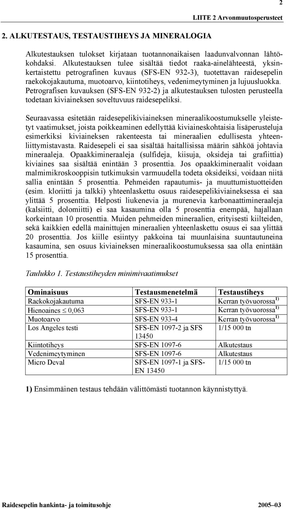 lujuusluokka. Petrografisen kuvauksen (SFS-EN 9-) ja alkutestauksen tulosten perusteella todetaan kiviaineksen soveltuvuus raidesepeliksi.