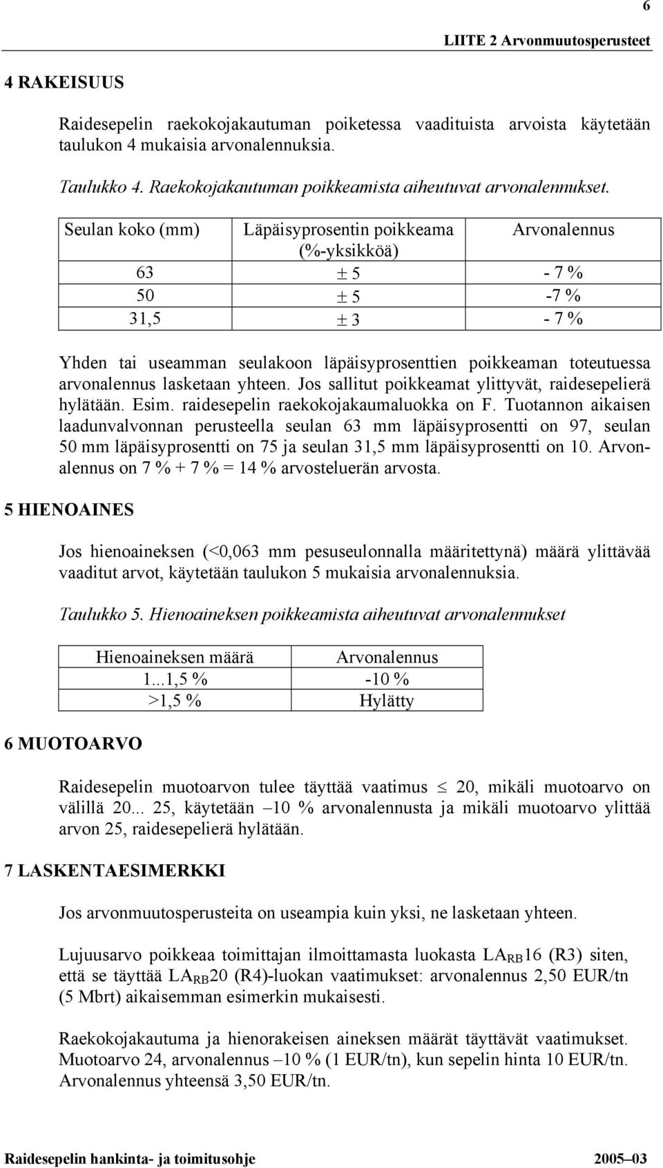 Seulan koko (mm) Läpäisyprosentin poikkeama Arvonalennus (%-yksikköä) ± - % 0 ± - % 1, ± - % Yhden tai useamman seulakoon läpäisyprosenttien poikkeaman toteutuessa arvonalennus lasketaan yhteen.