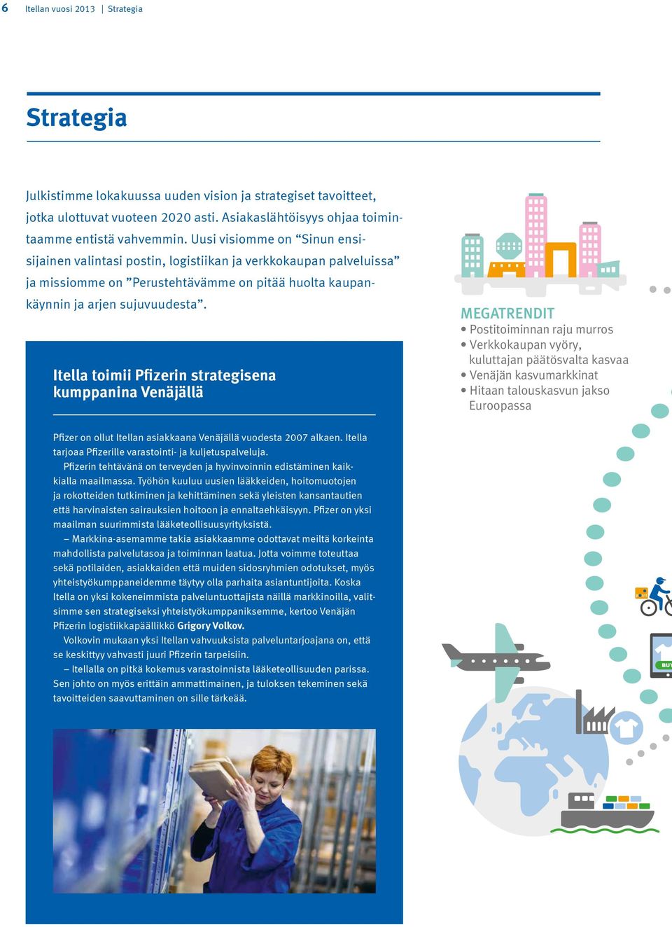 Itella toimii Pfizerin strategisena kumppanina Venäjällä MEGATRENDIT Postitoiminnan raju murros Verkkokaupan vyöry, kuluttajan päätösvalta kasvaa Venäjän kasvumarkkinat Hitaan talouskasvun jakso