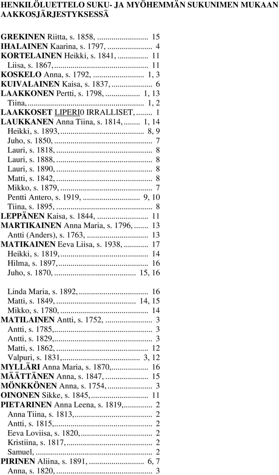 .. 1, 14 Heikki, s. 1893,... 8, 9 Juho, s. 1850,... 7 Lauri, s. 1818,... 8 Lauri, s. 1888,... 8 Lauri, s. 1890,... 8 Matti, s. 1842,... 8 Mikko, s. 1879,... 7 Pentti Antero, s. 1919,... 9, 10 Tiina, s.