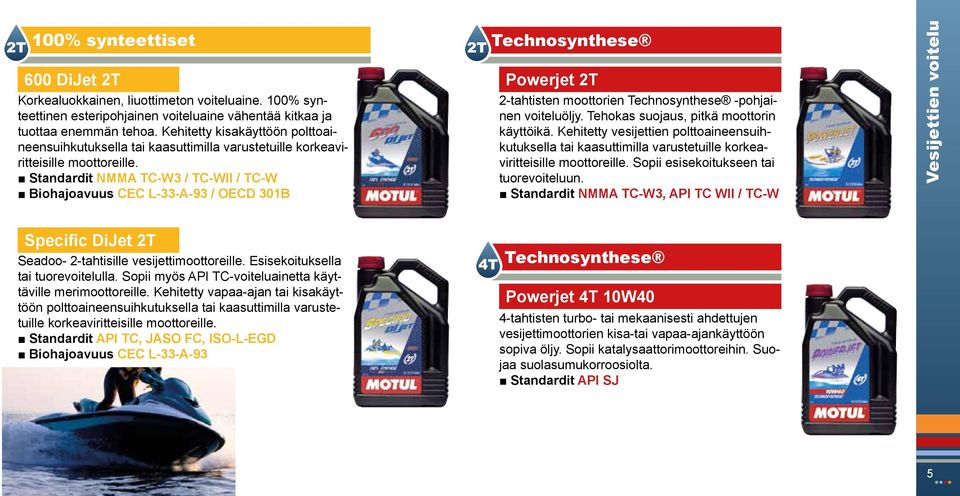 Standardit NMMA TC-W3 / TC-WII / TC-W Biohajoavuus CEC L-33-A-93 / OECD 301B Powerjet 2T 2-tahtisten moottorien -pohjainen voiteluöljy. Tehokas suojaus, pitkä moottorin käyttöikä.