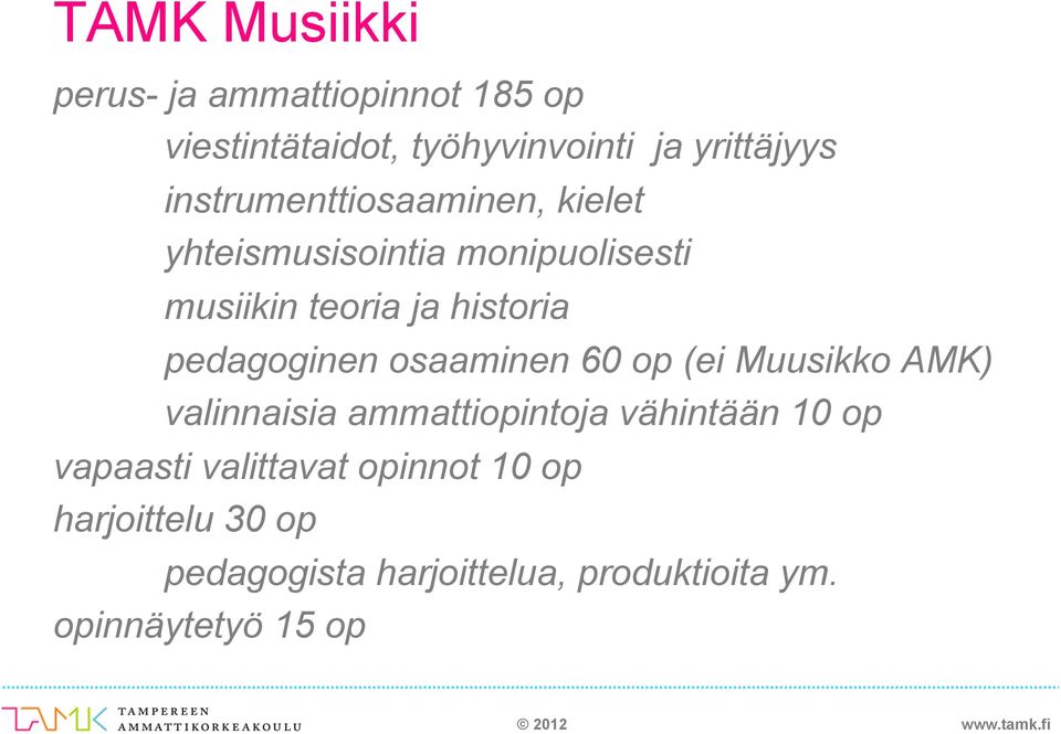 pedagoginen osaaminen 60 op (ei Muusikko AMK) valinnaisia ammattiopintoja vähintään 10 op