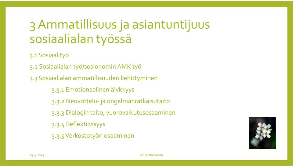 3 Sosiaalialan ammatillisuuden kehittyminen 3.3.1 Emotionaalinen älykkyys 3.3.2 Neuvottelu- ja ongelmanratkaisutaito 3.