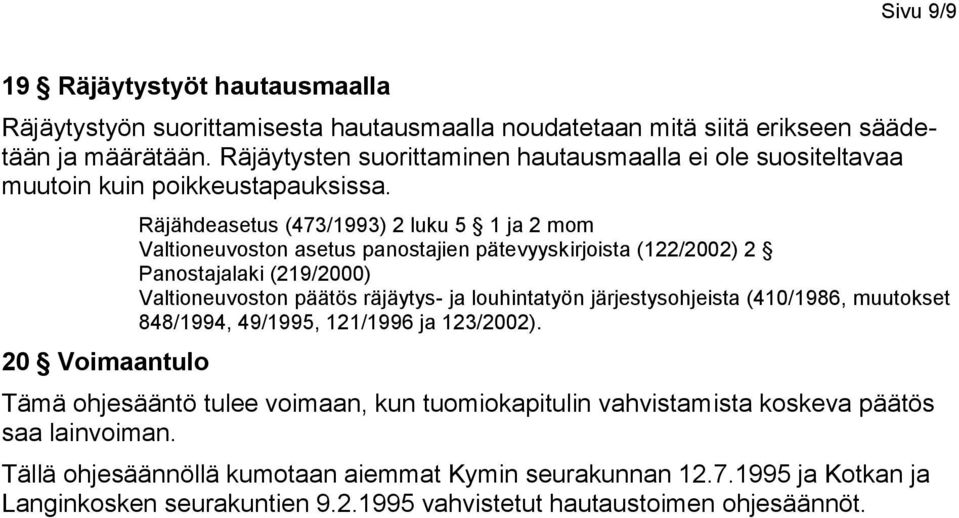 20 Voimaantulo Räjähdeasetus (473/1993) 2 luku 5 1 ja 2 mom Valtioneuvoston asetus panostajien pätevyyskirjoista (122/2002) 2 Panostajalaki (219/2000) Valtioneuvoston päätös räjäytys- ja