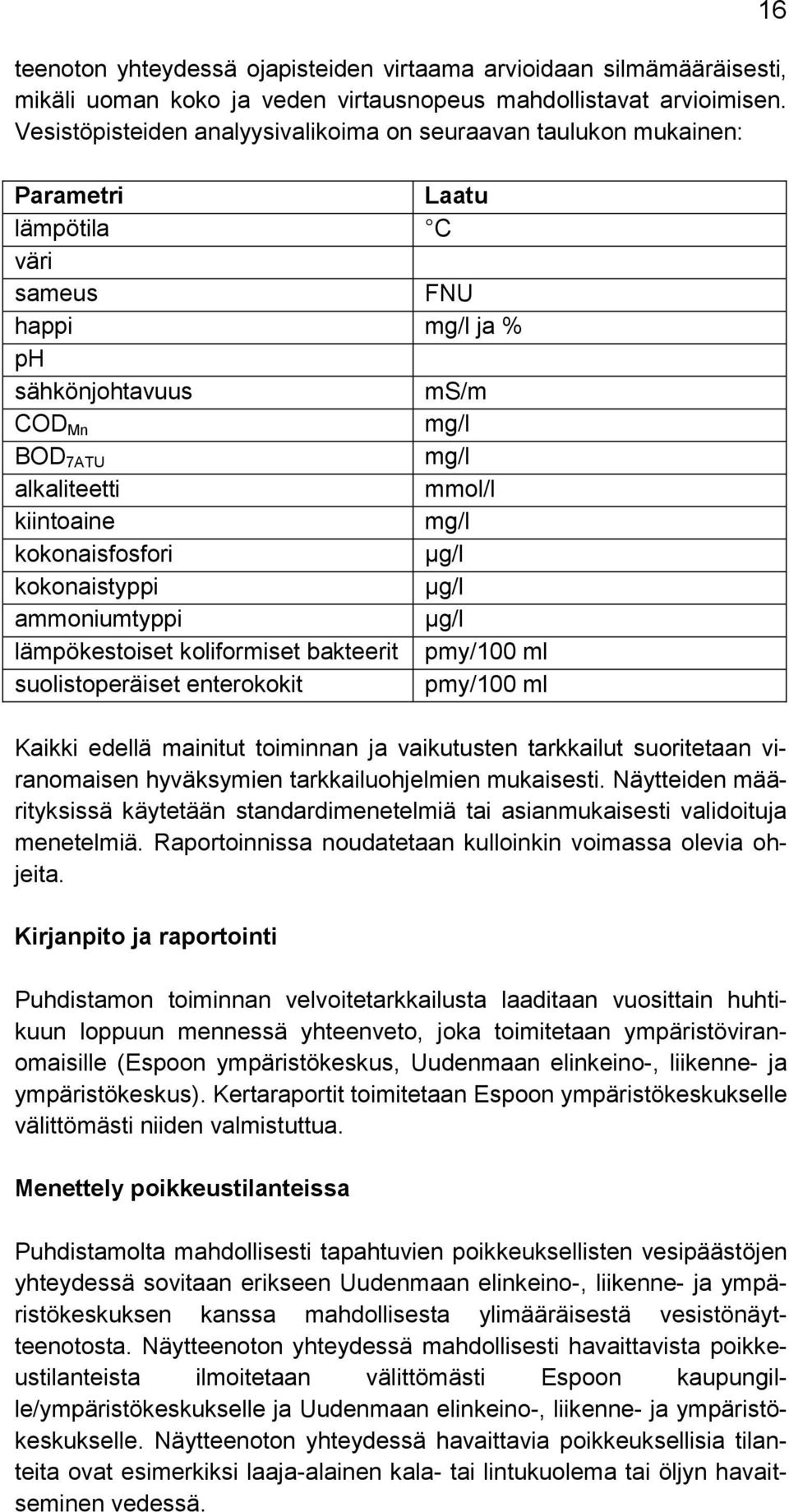 kiintoaine mg/l kokonaisfosfori µg/l kokonaistyppi µg/l ammoniumtyppi µg/l lämpökestoiset koliformiset bakteerit pmy/100 ml suolistoperäiset enterokokit pmy/100 ml Kaikki edellä mainitut toiminnan ja