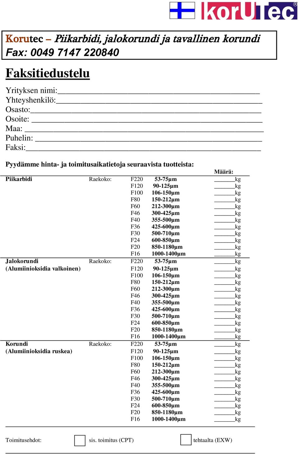 500-710µm kg F24 600-850µm kg F20 850-1180µm kg F16 1000-1400µm kg Jalokorundi Raekoko: F220 53-75µm kg (Alumiinioksidia valkoinen) F120 90-125µm kg F100 106-150µm kg F80 150-212µm kg F60 212-300µm