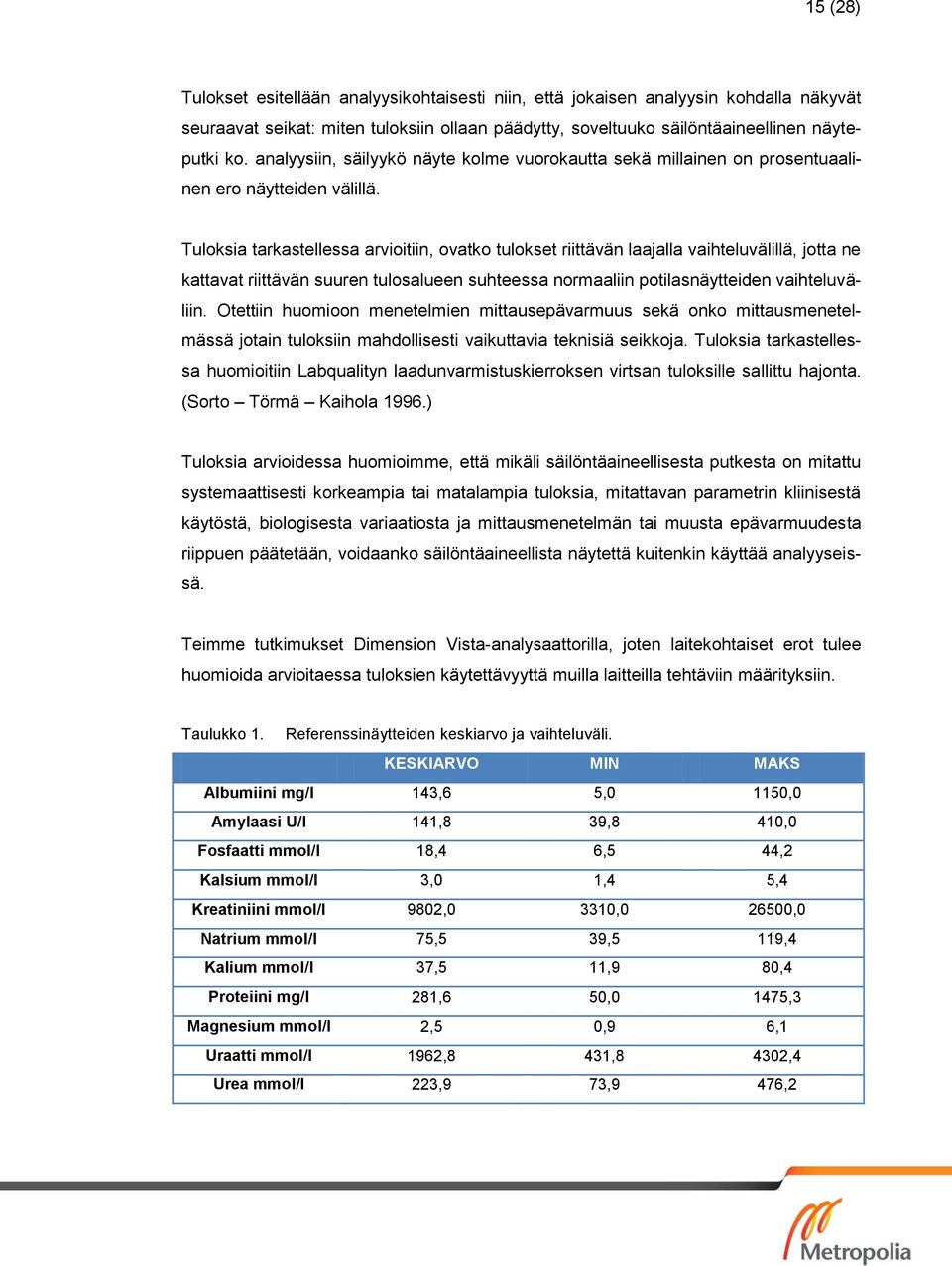 Tuloksia tarkastellessa arvioitiin, ovatko tulokset riittävän laajalla vaihteluvälillä, jotta ne kattavat riittävän suuren tulosalueen suhteessa normaaliin potilasnäytteiden vaihteluväliin.