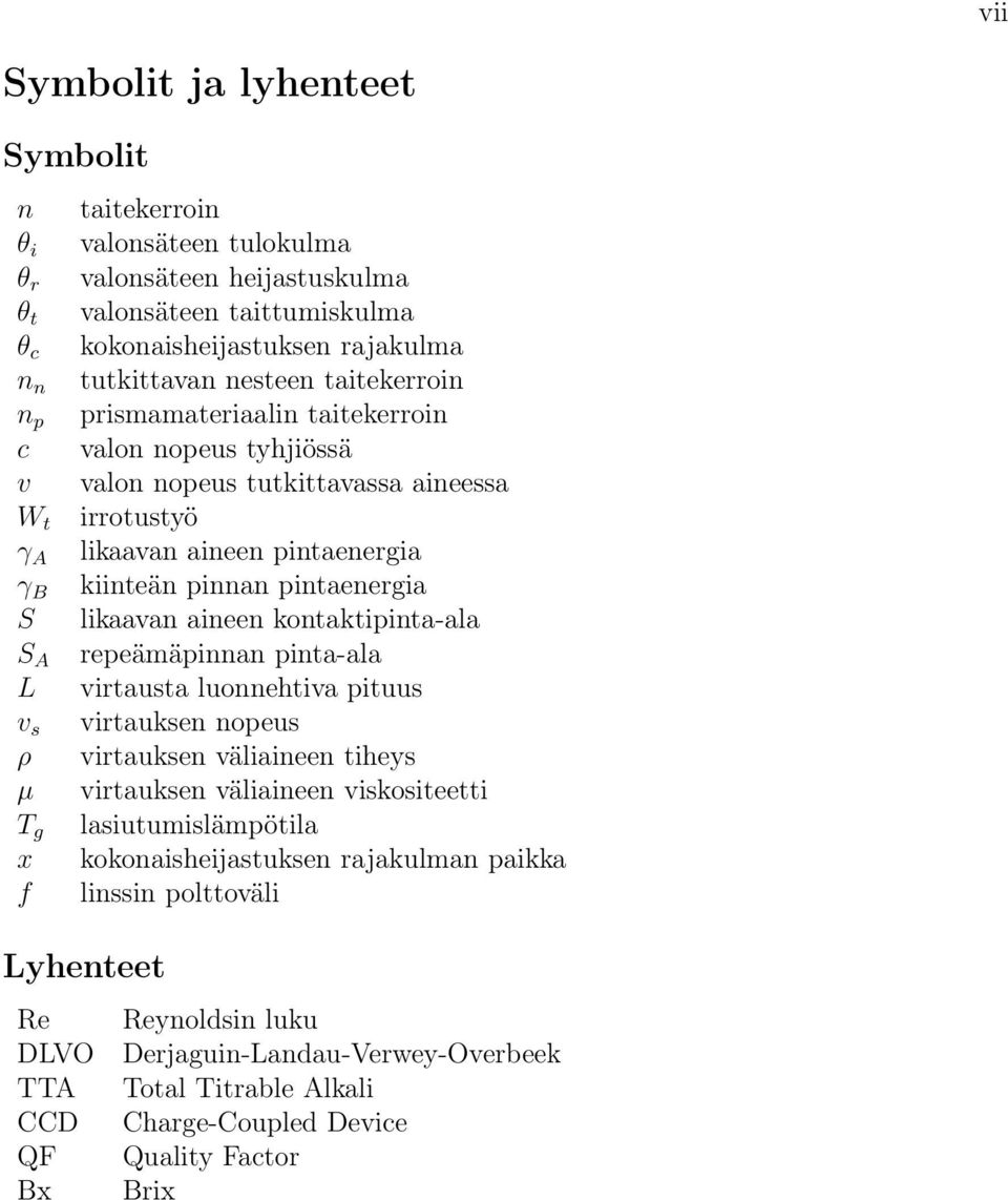 likaavan aineen kontaktipinta-ala S A repeämäpinnan pinta-ala L virtausta luonnehtiva pituus v s virtauksen nopeus ρ virtauksen väliaineen tiheys µ virtauksen väliaineen viskositeetti T g