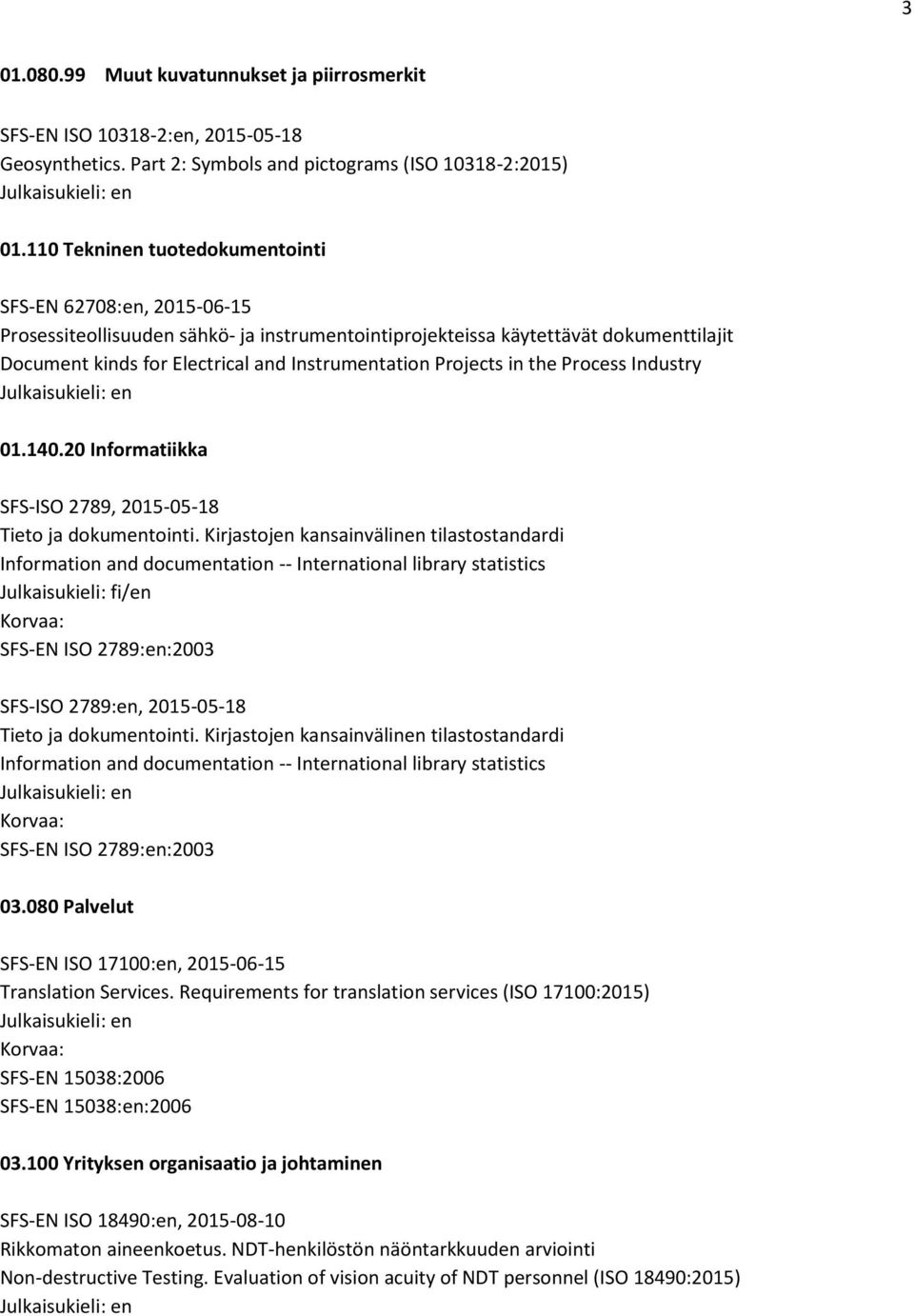 Projects in the Process Industry 01.140.20 Informatiikka SFS-ISO 2789, 2015-05-18 Tieto ja dokumentointi.