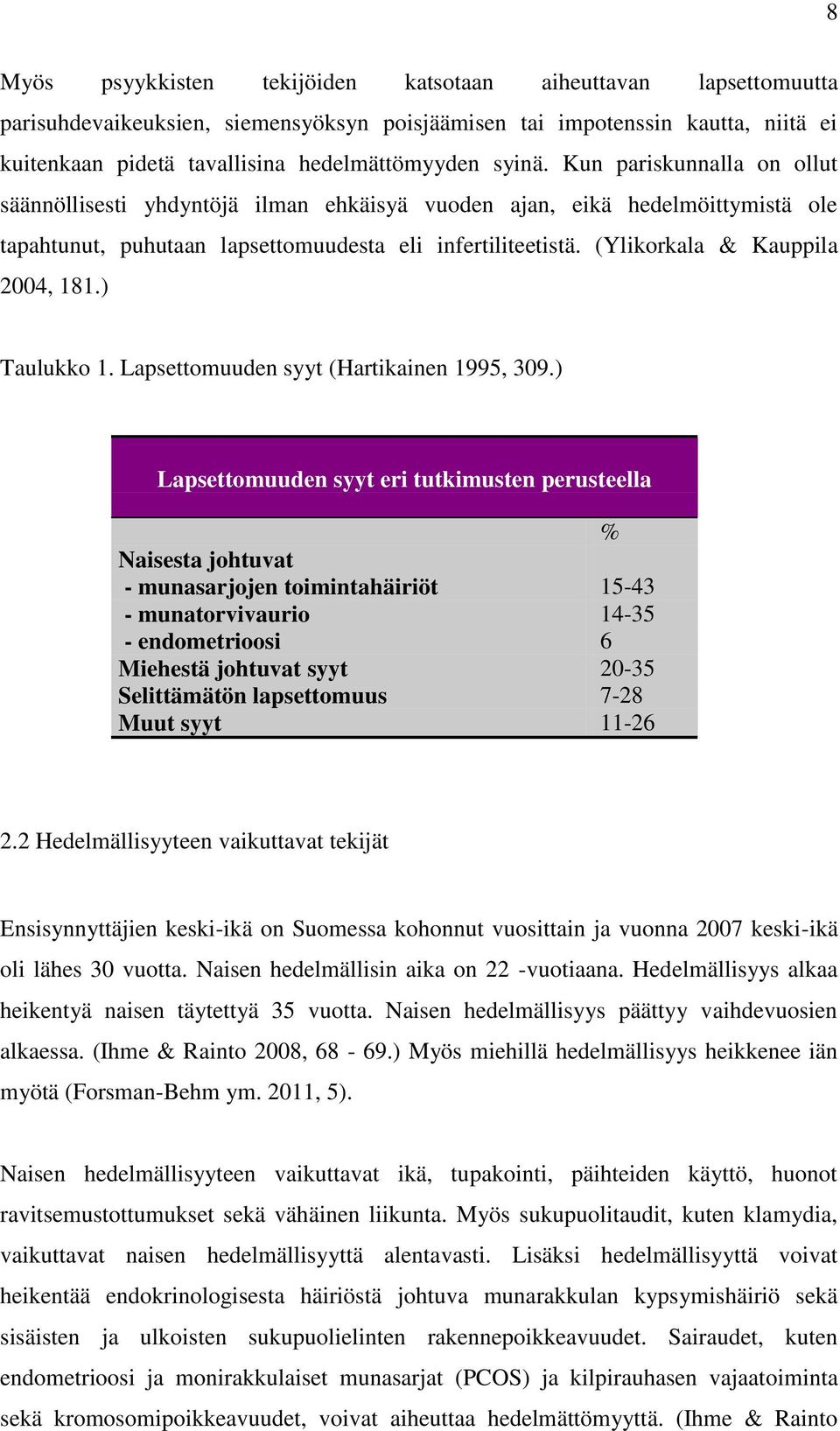 (Ylikorkala & Kauppila 2004, 181.) Taulukko 1. Lapsettomuuden syyt (Hartikainen 1995, 309.